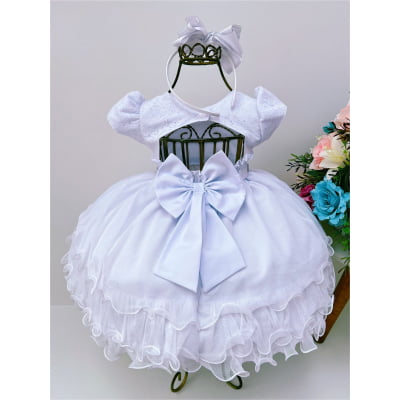 Vestido Infantil Branco Batizado Strass Babados