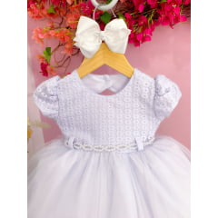 Vestido Infantil Branco Batizados Com Renda e Peito Strass
