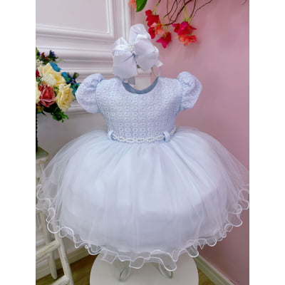 Vestido Infantil Branco Batizados Com Renda e Peito Strass