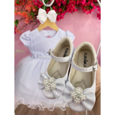 Vestido Infantil Branco Batizados Com Renda e Peito Strass
