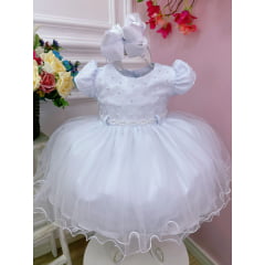 Vestido Infantil Branco Batizados Peito e Cinto C/ Pérolas