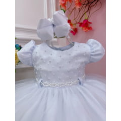 Vestido Infantil Branco Batizados Peito e Cinto C/ Pérolas