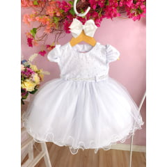 Vestido Infantil Branco Batizados Peito e Cinto C/ Pérolas