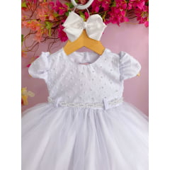 Vestido Infantil Branco Batizados Peito e Cinto C/ Pérolas