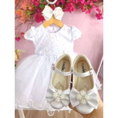Vestido Infantil Branco Batizados Peito e Cinto C/ Pérolas