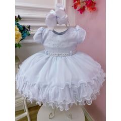 Vestido Infantil Branco C/ Peito Strass e Renda Batizados