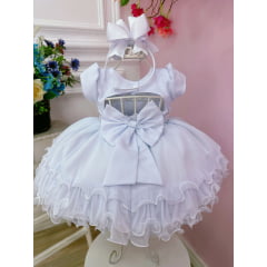 Vestido Infantil Branco C/ Peito Strass e Renda Batizados