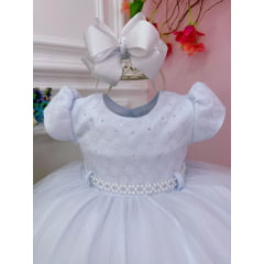 Vestido Infantil Branco C/ Renda e Peito Strass Batizados