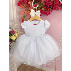 Vestido Infantil Branco C/ Renda e Peito Strass Batizados