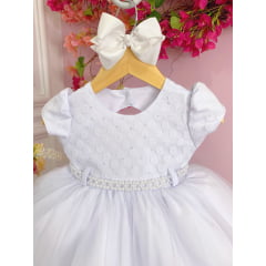 Vestido Infantil Branco C/ Renda e Peito Strass Batizados