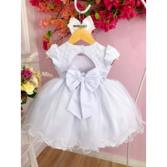 Vestido Infantil Branco C/ Renda e Peito Strass Batizados