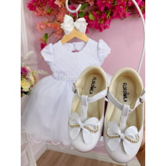 Vestido Infantil Branco C/ Renda e Peito Strass Batizados