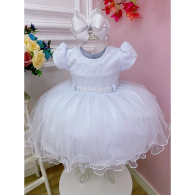 Vestido Infantil Branco C/ Renda e Peito Strass Batizados