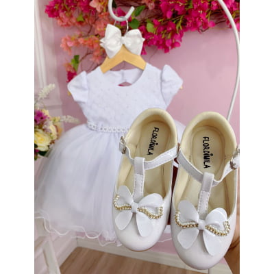 Vestido Infantil Branco C/ Renda e Peito Strass Batizados