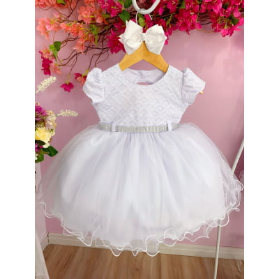Vestido Infantil Branco Com Renda e Peito Strass Batizados