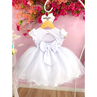 Vestido Infantil Branco Com Renda e Peito Strass Batizados