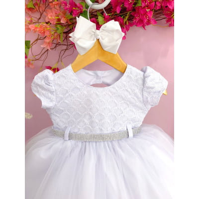 Vestido Infantil Branco Com Renda e Peito Strass Batizados