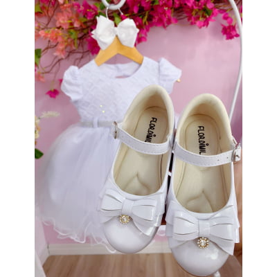 Vestido Infantil Branco Com Renda e Peito Strass Batizados