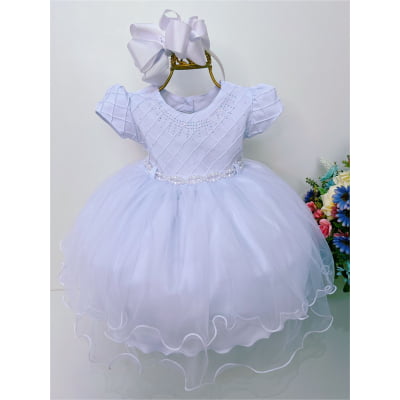 Vestido Infantil Branco Peito Nervura Batizado Bebê Pérolas