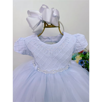 Vestido Infantil Branco Peito Nervura Batizado Bebê Pérolas