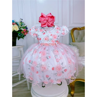 Vestido Infantil Branco Peito Nervura Florido Batizado Bebê