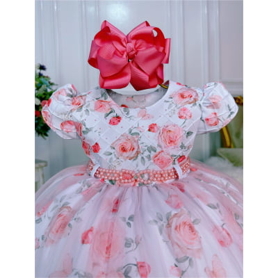 Vestido Infantil Branco Peito Nervura Florido Batizado Bebê