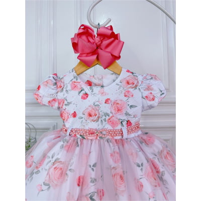 Vestido Infantil Branco Peito Nervura Florido Batizado Bebê
