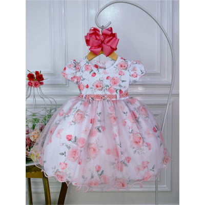 Vestido Infantil Branco Peito Nervura Florido Batizado Bebê