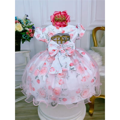Vestido Infantil Branco Peito Nervura Florido Batizado Bebê