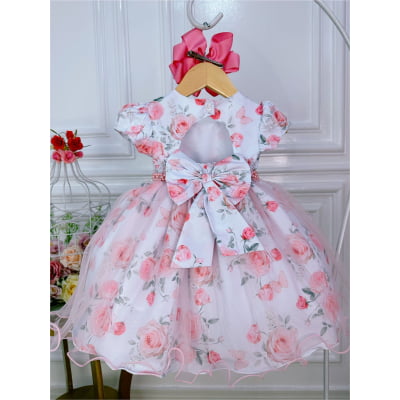 Vestido Infantil Branco Peito Nervura Florido Batizado Bebê