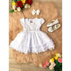 Vestido Infantil Branco Renda Aplique Borboletas Batizados