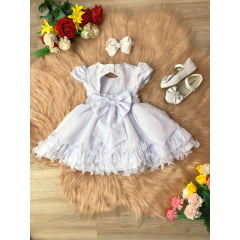 Vestido Infantil Branco Renda Aplique Borboletas Batizados