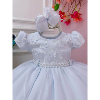 Vestido Infantil Branco Renda Aplique Borboletas Batizados
