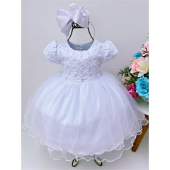 Vestido Infantil Branco Renda Batizado Bebê Pérolas Luxo