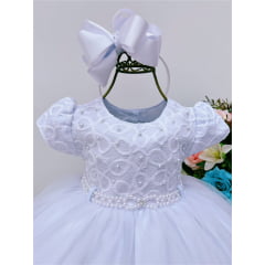Vestido Infantil Branco Renda Batizado Bebê Pérolas Luxo