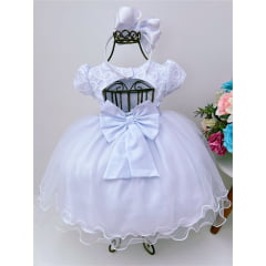 Vestido Infantil Branco Renda Batizado Bebê Pérolas Luxo