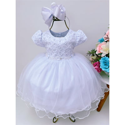 Vestido Infantil Branco Renda Batizado Bebê Pérolas Luxo