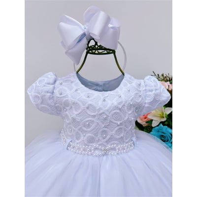 Vestido Infantil Branco Renda Batizado Bebê Pérolas Luxo