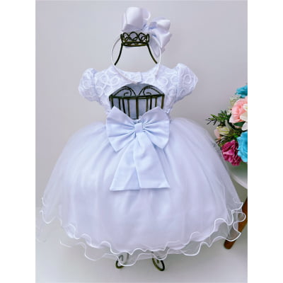 Vestido Infantil Branco Renda Batizado Bebê Pérolas Luxo