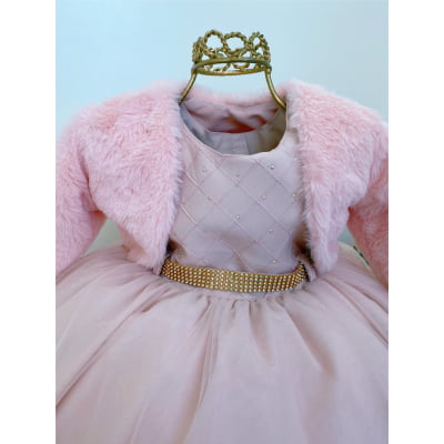 Vestido Infantil Nude Nervura Cinto Strass Com Bolero