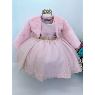 Vestido Infantil Nude Nervura Cinto Strass Com Bolero