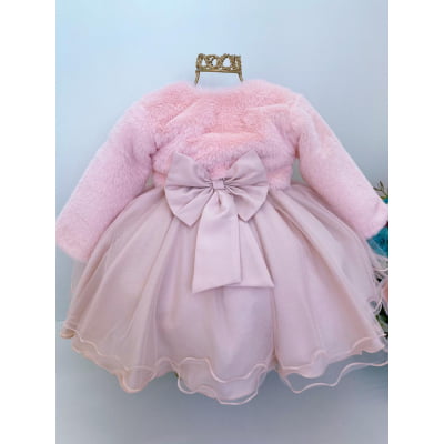 Vestido Infantil Nude Nervura Cinto Strass Com Bolero