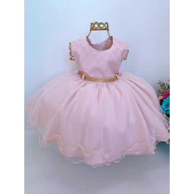 Vestido Infantil Nude Nervura Cinto Strass Com Bolero