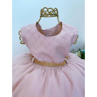 Vestido Infantil Nude Nervura Cinto Strass Com Bolero