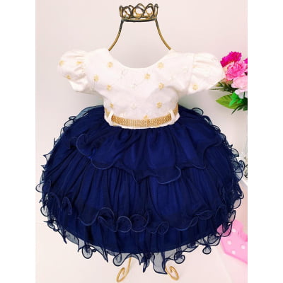Vestido Infantil Off e Marinho Luxo Bebê com Babados Strass