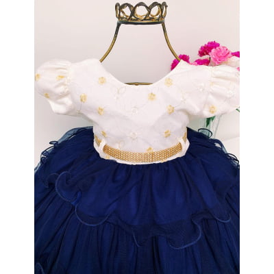 Vestido Infantil Off e Marinho Luxo Bebê com Babados Strass