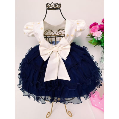 Vestido Infantil Off e Marinho Luxo Bebê com Babados Strass