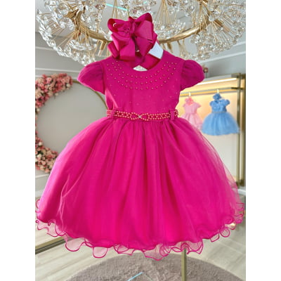 Vestido Infantil Pink Busto Com Pérolas Batizados