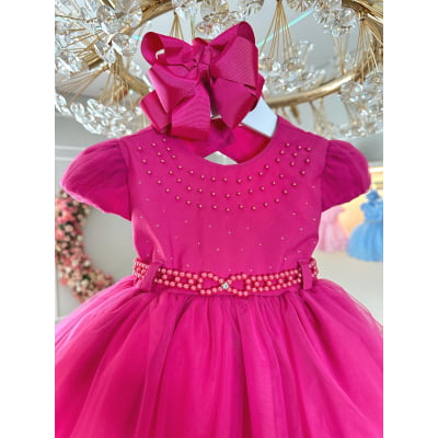 Vestido Infantil Pink Busto Com Pérolas Batizados