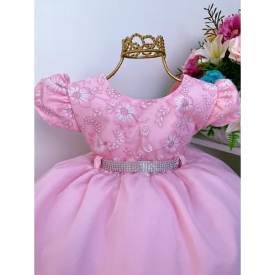 Vestido Infantil Rosa Batizado Renda Cinto Strass e Babados